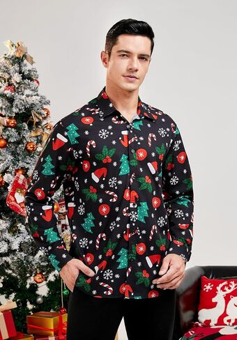 HISDERN قمصان عيد الميلاد للرجال قمصان طويلة الأكمام زر أسفل قميص عطلة مضحك عيد الميلاد قمصان حفلة سانتا كلوا in Kuwait