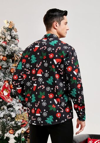 HISDERN قمصان عيد الميلاد للرجال قمصان طويلة الأكمام زر أسفل قميص عطلة مضحك عيد الميلاد قمصان حفلة سانتا كلوا in Kuwait