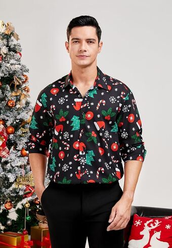 HISDERN قمصان عيد الميلاد للرجال قمصان طويلة الأكمام زر أسفل قميص عطلة مضحك عيد الميلاد قمصان حفلة سانتا كلوا in Kuwait