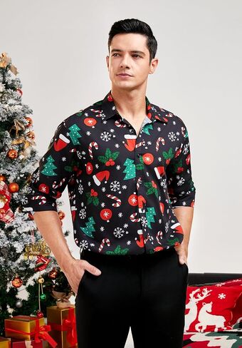 HISDERN قمصان عيد الميلاد للرجال قمصان طويلة الأكمام زر أسفل قميص عطلة مضحك عيد الميلاد قمصان حفلة سانتا كلوا in Kuwait