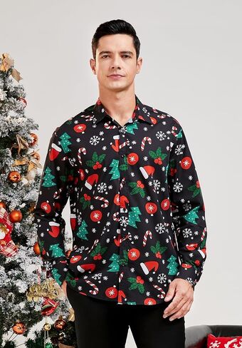 HISDERN قمصان عيد الميلاد للرجال قمصان طويلة الأكمام زر أسفل قميص عطلة مضحك عيد الميلاد قمصان حفلة سانتا كلوا in Kuwait