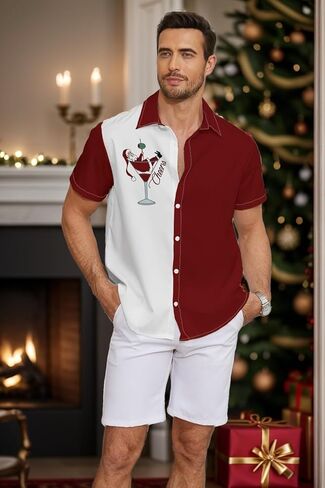 قميص بأزرار لحفلات عيد الميلاد - قميص هاواي سانتا كلوز الاحتفالي للرجال in Kuwait