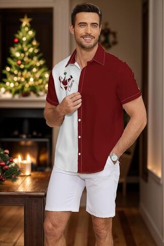 قميص بأزرار لحفلات عيد الميلاد - قميص هاواي سانتا كلوز الاحتفالي للرجال in Kuwait