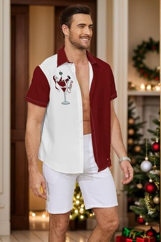 قميص بأزرار لحفلات عيد الميلاد - قميص هاواي سانتا كلوز الاحتفالي للرجال in Kuwait