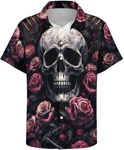 Men's Button Down Shirt with Skull Cool Graphic Casual Hawaiian Beach Shirts in Kuwait