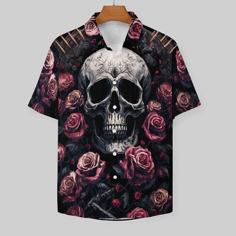 Men's Button Down Shirt with Skull Cool Graphic Casual Hawaiian Beach Shirts in Kuwait