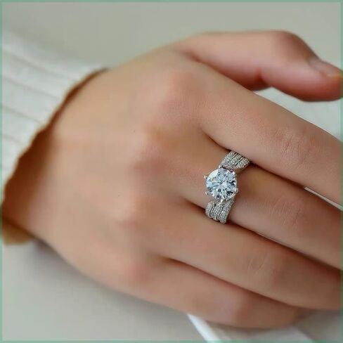 Sterling Silver Cubic Zirconia Ring, Layers Design Princess Cut Moissanite Simulated Diamond Solitaire Ring, Dainty Wedding Band CZ Half Eternity Stackable Engagement Ring Jewelry-Making-Patterns 8 in Saudi Arabia