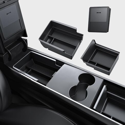 BASENOR Newest 3PCS Tesla Model Y Center Console Organizer [Carbon Fiber Edition] Armrest Hidden Storage Box, Custom for Model Y 2021-2024, Tesla Interior Accessories in Saudi Arabia