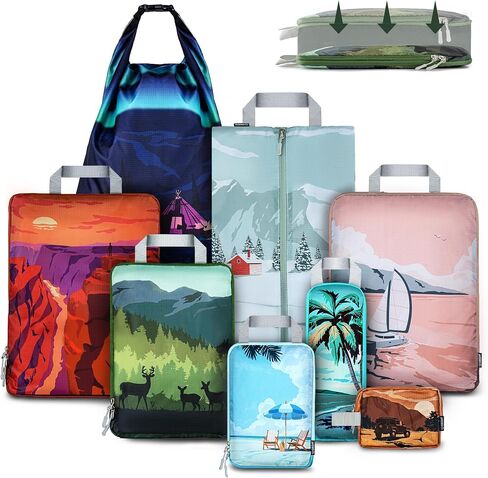 Set of 8 compression packing cubes for travel accessories- Expandable bags for clothing, toiletry, backpacks, organizing essentials (Holiday) in Saudi Arabia