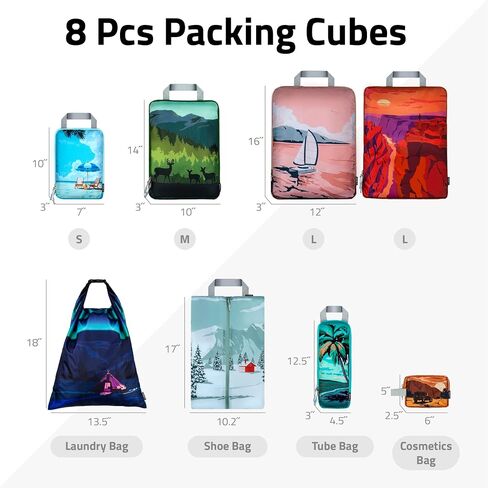 Set of 8 compression packing cubes for travel accessories- Expandable bags for clothing, toiletry, backpacks, organizing essentials (Holiday) in Saudi Arabia