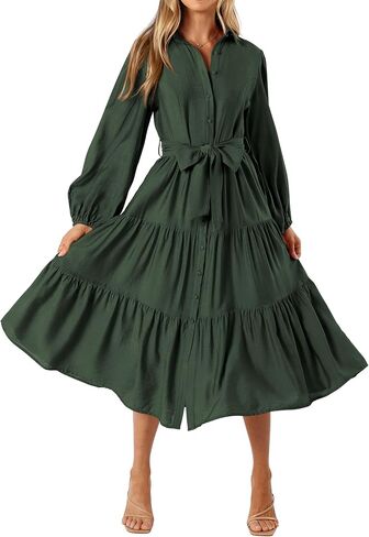 MASCOMODA Womens Dresses 2024 Fall Long Sleeve Midi Dress Casual V Neck Button Down Tiered Flowy Aline Tie Waist Shirt Dress in Kuwait