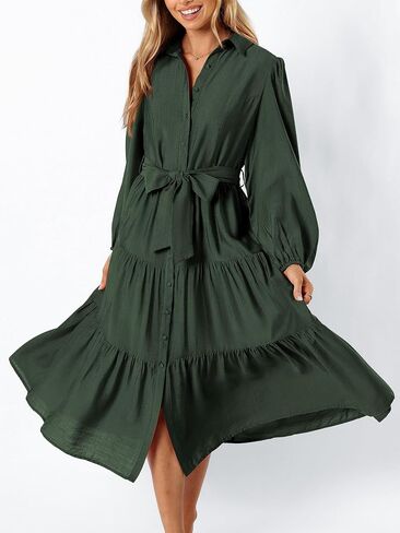 MASCOMODA Womens Dresses 2024 Fall Long Sleeve Midi Dress Casual V Neck Button Down Tiered Flowy Aline Tie Waist Shirt Dress in Kuwait