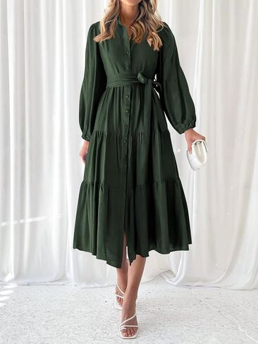 MASCOMODA Womens Dresses 2024 Fall Long Sleeve Midi Dress Casual V Neck Button Down Tiered Flowy Aline Tie Waist Shirt Dress in Kuwait