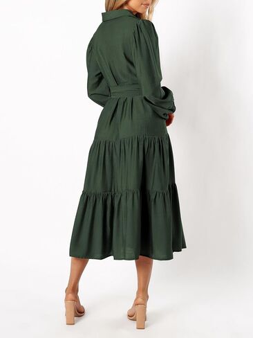 MASCOMODA Womens Dresses 2024 Fall Long Sleeve Midi Dress Casual V Neck Button Down Tiered Flowy Aline Tie Waist Shirt Dress in Kuwait