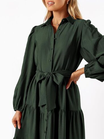 MASCOMODA Womens Dresses 2024 Fall Long Sleeve Midi Dress Casual V Neck Button Down Tiered Flowy Aline Tie Waist Shirt Dress in Kuwait