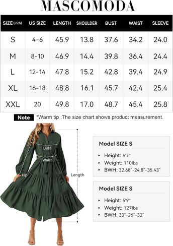 MASCOMODA Womens Dresses 2024 Fall Long Sleeve Midi Dress Casual V Neck Button Down Tiered Flowy Aline Tie Waist Shirt Dress in Kuwait