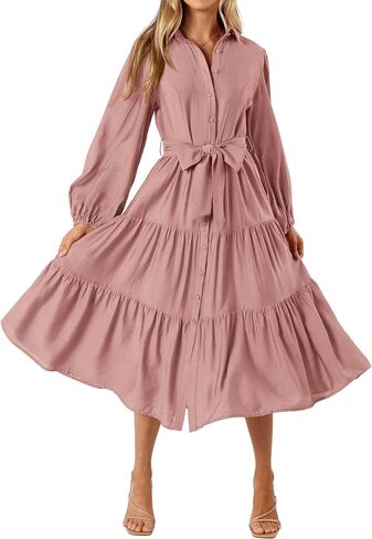 MASCOMODA Womens Dresses 2024 Fall Long Sleeve Midi Dress Casual V Neck Button Down Tiered Flowy Aline Tie Waist Shirt Dress in Kuwait