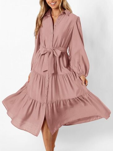 MASCOMODA Womens Dresses 2024 Fall Long Sleeve Midi Dress Casual V Neck Button Down Tiered Flowy Aline Tie Waist Shirt Dress in Kuwait