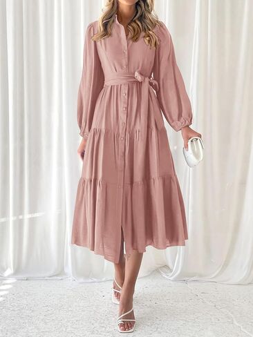 MASCOMODA Womens Dresses 2024 Fall Long Sleeve Midi Dress Casual V Neck Button Down Tiered Flowy Aline Tie Waist Shirt Dress in Kuwait