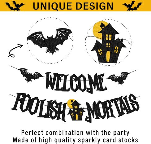 Welcome Foolish Mortals Banner for Halloween Bats Haunted House Ghost Horror Theme Happy Halloween Party Supplies Glitter Black Decorations in Kuwait