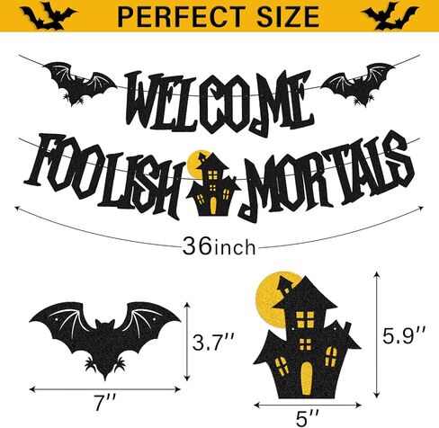 Welcome Foolish Mortals Banner for Halloween Bats Haunted House Ghost Horror Theme Happy Halloween Party Supplies Glitter Black Decorations in Kuwait
