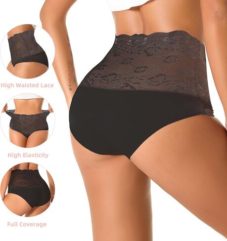 Womens High Waisted Underwear Cotton Briefs for Women Ladies Lace Panties Moisture Wicking Breathable in a Pack of 6 in Saudi Arabia
