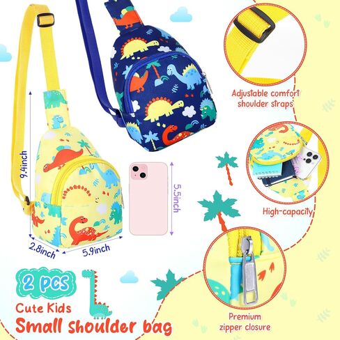 قطعتان من حقيبة كروس صغيرة للأطفال، حقيبة كتف لطيفة للأطفال، حقيبة كتف من النايلون، محفظة عملات كرتونية من النايلون للسفر والمشي لمسافات طويلة (أزرق أصفر، ديناصور) in Kuwait
