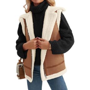 AUTOMET Womens Suede Sherpa Lined Leather Vest Jacket 2024 Fall Winter Zip Up Sleeveless Lambwool Fur Coat with Pockets
