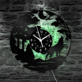 Wolf Wall Clock, Wolf 7 LED Colors Changing Night Lighting 12 Inch Vinyl Record Wall Clock for Living Room Decor Wolf Fans Birthday Xmas Gifts Wolf Gifts to Teen, Friends and Men (D)