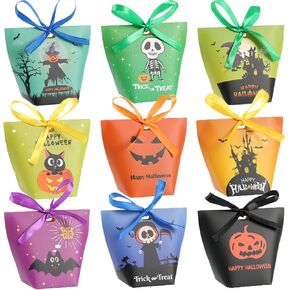 Halloween Candy Treat Bags - 36PCS Paper Trick or Treat Sweet Goodie Decorations Bags with Ribbons, 9 Patterns Gift Party Favors for Kids