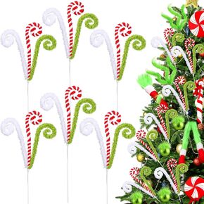 Gerrii 6 Pcs 16 Inch Red White Green Christmas Tree Picks Decoration Candy Cane Woolen Curly Pick Lollipop Large for Xmas Tree Topper Decor Home Vase Filler Craft Wreath Holiday Party Ornament Garland