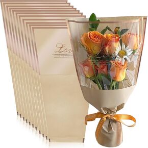 AbluFirst 20Pcs 11 x 17.3 Inches Hot stamping Flower Wrapping Bags Brown Flower Sleeves for Bouquets,Clear Front Kraft Paper Floral Wrap Bags