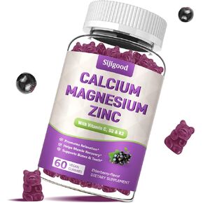 Calcium Magnesium Zinc Gummies with High Absorption Magnesium Glycinate 400mg, Calcium Magnesium Zinc Supplement with D3 & K2 for Bone, Muscles, Calm & Sleep Support - 60 Elderberry Flavored Gummies