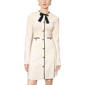 Women's Bow Tie Long Sleeve Sweater Dress Fall Button Crew Neck Knitted Dress A-Line Mini Dresses