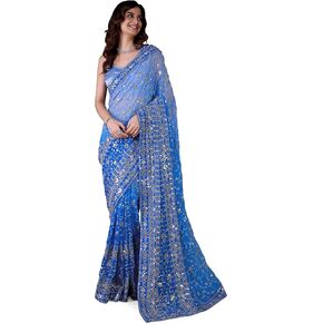 TRENDMALLS Women's Georgette Sequence with Embroidery work Saree with Unstitch Blouse Piece (K963-Skyblue)