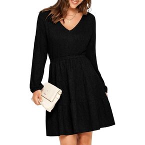 Glamaker Women's Long Sleeve Mini Sweater Dress 2024 Fall Ribbed Knit Dress Casual V Neck Ruffle Flowy Tiered Dresses