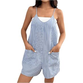 SweatyRocks Women's Striped Cami Romper V Neck Sleeveless Short Jumpsuit with Pockets
