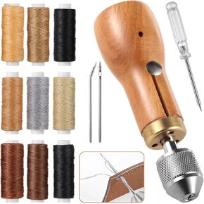 Leather Sewing Awl Thread Kit, 13 PCS Portable Sewing Awl Kit, Wood Handle Stitching Awl, Manual Sewing Awl with Needles & Waxed Thread, Hand Stitcher Repair Tool for Leather, Heavy Fabrics, Canvas