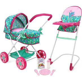 Baby Alive: Travel N' Feed Set - 7pcs - Green, Pink, Hearts - Stroller, Highchair, Bag, Feeding Accessories, Set for Dolls Up to 18", Kids Toy, Ages 3+