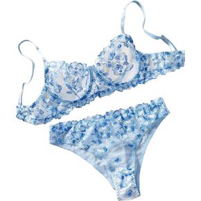 Women's Floral Underwire Lingeries Exotic Set Sheer Mesh Embroidered Lingerie Set