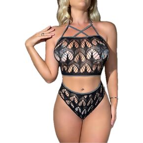 Women's Garter Belt Matching Bra One-Piece See Through Lace Sexy Lingerie Bodysuit Set