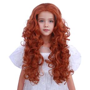 Orange Wig for Kids Children Long Dark Orange Wig Girls Orange Brown Curly Wavy Wig Heat Resistant Synthetic Wig with Wig Cap