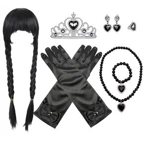 Girls Wednesday Wig Long Straight Black Braided Wig with Bangs Halloween Party Wig with Tiara Necklace Bracelet Earrings Ring Gloves Dress Up Halloween Costume Cosplay Accessories for Kids Girls