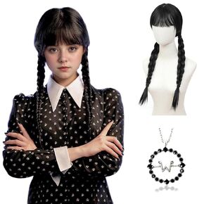 Widnesday Adams Wig with Necklace Long Braided Black Pigtail Wig Kids with Bangs for Women Cosplay Synthetic Halloween Wigs for Costume Party Gift (Kids)
