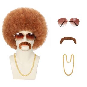 5Pcs Set Disco Style Afro Wig for Men 70s/80s Theme Parties, Curly and Fluffy Costume Wigs with Synthetic Hair, Hippie Rocker Afro Wig for Cosplay/Halloween/Dress up (#33 Dark Brown)