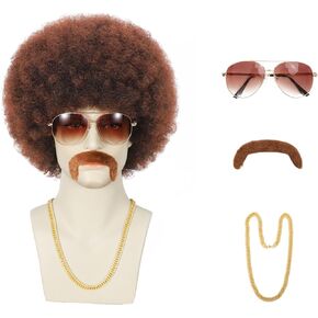 5Pcs Set Disco Style Afro Wig for Men 70s/80s Theme Parties, Curly and Fluffy Costume Wigs with Synthetic Hair, Hippie Rocker Afro Wig for Cosplay/Halloween/Dress up (#33 Dark Brown) in Kuwait