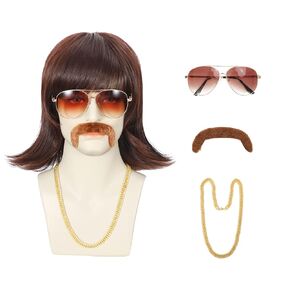 5pcs Set Fun Disco Wig for Men Costume, Short Brown 70s 80s Mullet Wigs with Bang for Rocker Hippies, Realistic Costume Wig for Theme Parties, Halloween Cosplay etc