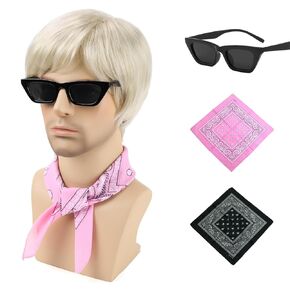 Mens Blonde Wigs 5pcs Set (Wig+ Glasses+ Necklace+ Mustache+ Wig Cap) Short Wavy Shaggy Wig 70s Costumes Disco Rocker Men Wig for Halloween Chrismas Cosplay Party