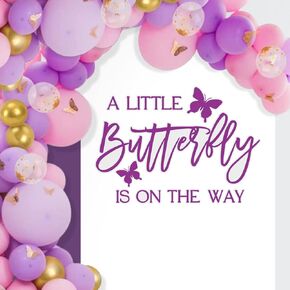 A Little Butterfly is on The Way Decal - Butterfly Baby Shower Backdrop Sign, Purple Butterfly Baby Shower Party Decorations