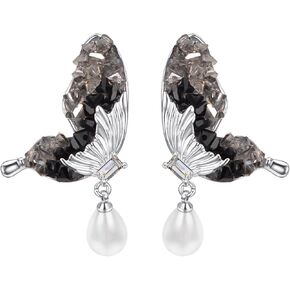 White Faux Pearl Drop Dangle Earrings for Women Gold Flower Cubic Zirconia Butterfly Earrings for Wedding Jewelry